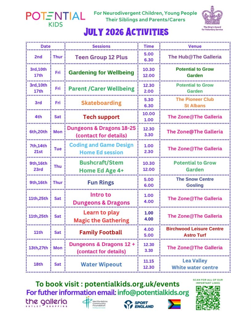 Potential Kids July 2026 programme